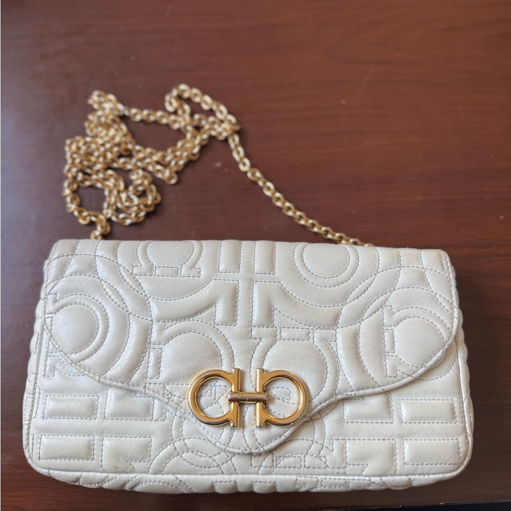Calfskin Quilted Gancini Mini Bag White